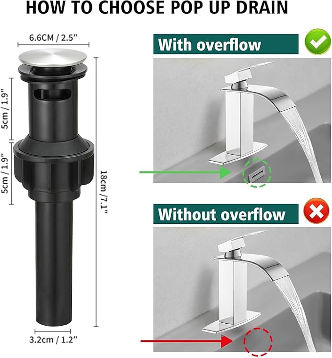 Hoimpro Chrome Waterfall Bathroom Faucet with cUPC Supply Lines, Single Handle Bathroom Sink Faucet with Pop-up Drain, Rv Vanity Vessel Faucet with Deck Plate, Chrome, 1 or 3 Hole