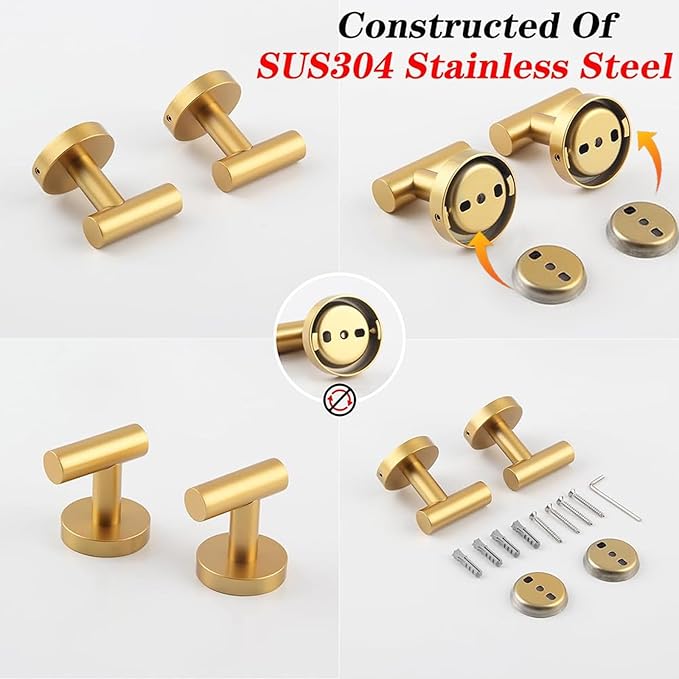 GERZWY SUS 304 Stainless Steel Gold Coat Hook Bathroom Single Towel/Robe Clothes Hook for Bath Kitchen Wall Mounted 2 Pack AG1107B-BE