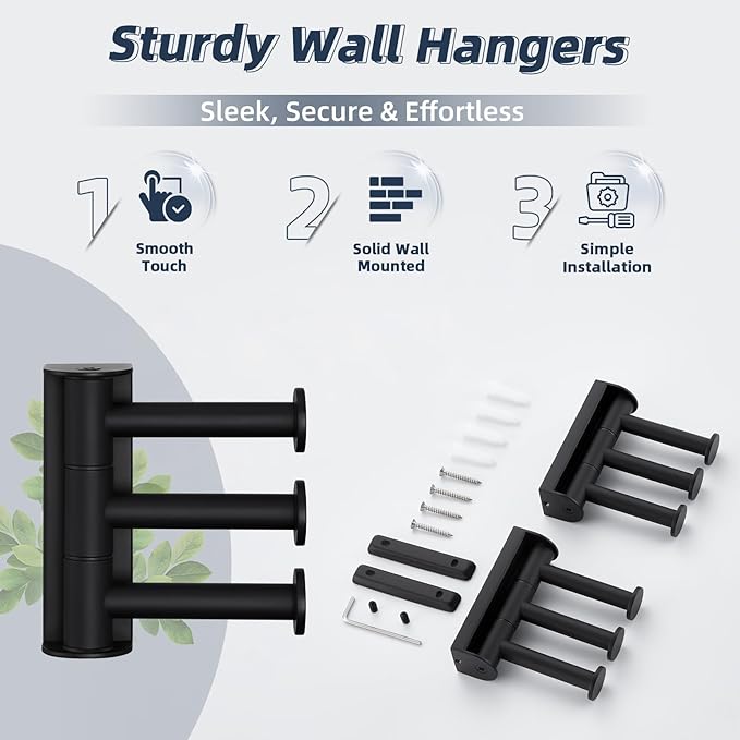 APLusee Swivel Towel Hook for Bathroom 2 Pack, 304 Stainless Steel Matte Black Swivel Coat Hook with 3 Rotating Arms, Flexible Kitchen Towel Hanger Wall Mounted