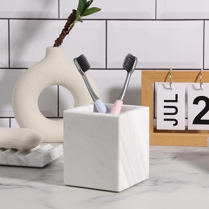 Natural Marble Toothbrush Holder for Bathroom Countertop (8.5x8.5x10cm) - Multifunctional Organizer for Makeup Brushes, Vanity Accessories & Utensils Sink (1, White)