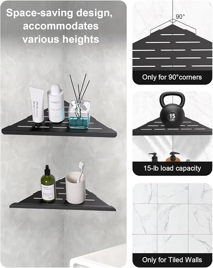 YACVCL Corner Shower Shelf,10" Black 304 Stainless Steel Hole-Free Inset Corner Storage Shelf for Tiled 90° Walls,Bathroom Accessories,Set of 2