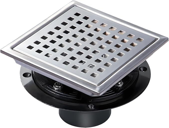 SaniteModar Shower Drain, 6 inch Shower Floor Square Drain with Flange, Removeable Grid Panel SUS 304 Stainless Steel Square Shower Drain, Silver