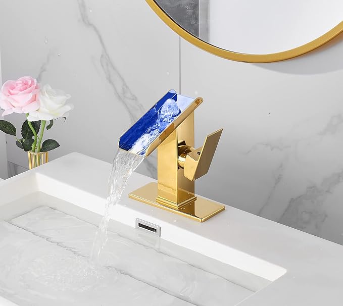 Gold Bathroom Faucets LED Waterfall Spout One Hole RGB 3 Colors Light Changing Lavatory Vanity Sink Faucet Brass Single Handle Modern Washbasin Bath Basin Tap Contemporary with Water Supply Lines