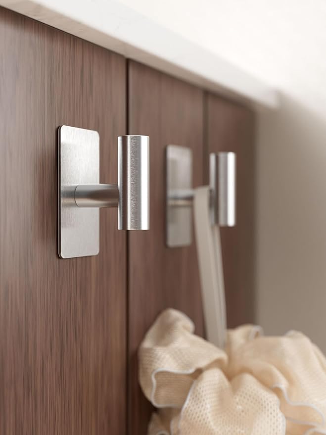 Towel Hooks for Bathrooms – 2 Pack, Brushed Silver Finish, T-Shaped Stainless Steel Adhesive Wall Hooks for Robes & Towels in Kitchen, Shower, or Closet