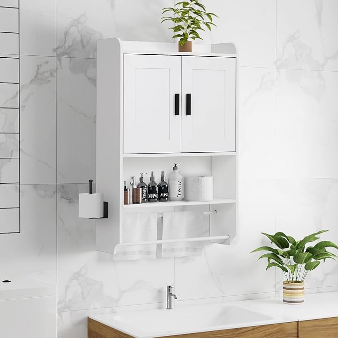 apexnova Bathroom Wall Cabinet, Wooden Medicine Cabinet Over The Toilet with Adjustable Inner Shelf, Wall Mounted Cabinet with Doors for Bathroom Storage, Hanging Cabinet for Wall with Towels Bar