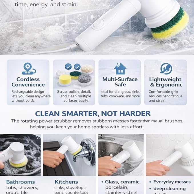 USB Rechargeable 5 in 1 Magic Electric Cleaning Brush - Spin Scrubber for Cleaning with 5 Interchangeable Heads, Electric Scrub Brush for Kitchen, Bath, Multi-Surface Use, Ergonomic Design