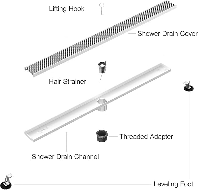 304 Stainless Steel Linear Shower Drain, Bathroom Drain with Removable Grate & Hair Catcher, Waterproof Tile Floor Drain, CUPC Certified (Brushed Finish, 40 Inch)