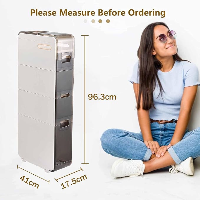 Plastic Bathroom Storage Cabinet Narrow Slim Gap Floor Organizer Side Unit Rolling Waterproof Toilet Paper Holder with Drawers and Handle for Small Kitchen Laundry, 4 Layers