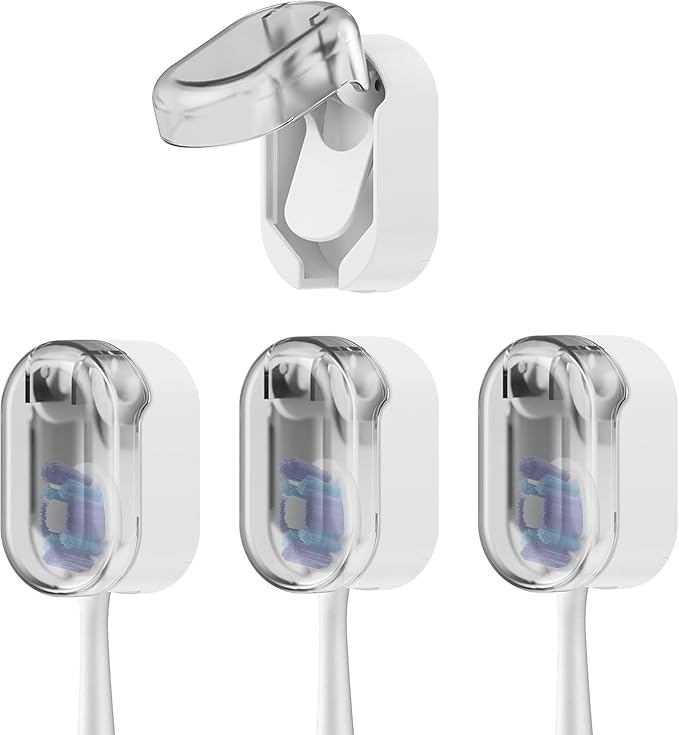 Toothbrush Holder 4-Pack, Dustproof Electric Toothbrush Holder Wall Mounted Adhesive Toothbrush Heads Organizer for Bathroom, Family & Travel(No Drilling)