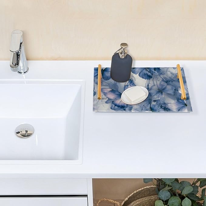 Blue Marble Butterfly Tie Dye Vanity Tray Acrylic Bathroom Countertop Tray Marbling Decorative for Kitchen Desk Organizer Makeup Storage Tray