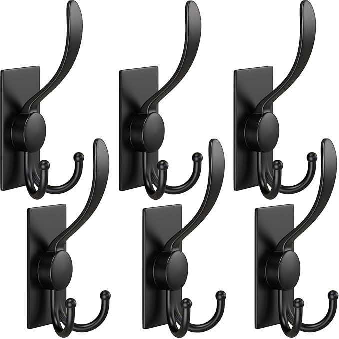 PMMASTO Adhesive Towel Hooks Heavy Duty Wall Hooks Stainless Steel Stick on Door Hooks for Hanging Coat, Hat,Towel Robe Hook-Bathroom/Kitchen (Black-6 Pack)