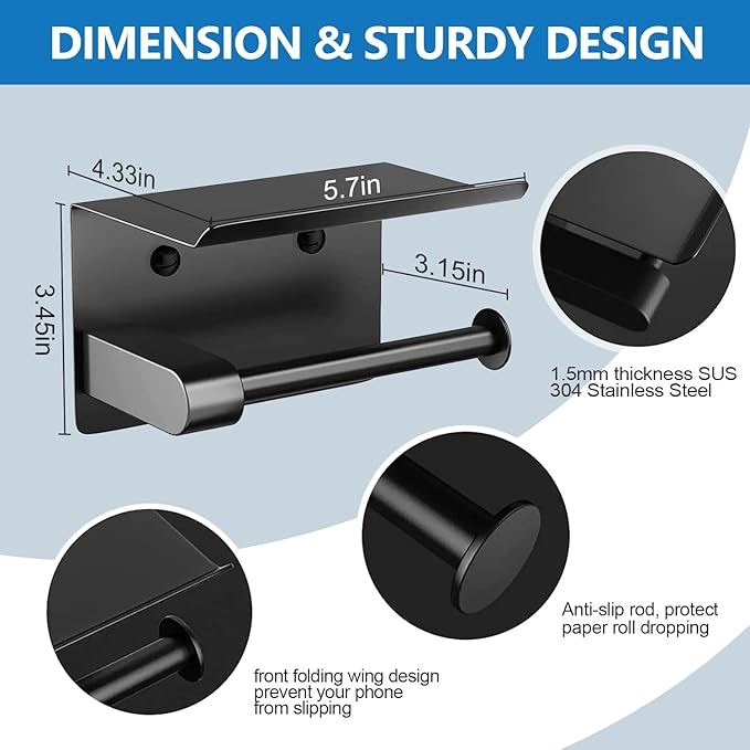 Toilet Paper Holder- Wall Toilet Paper Holder with Phone Shelf Storage Paper Roll Tissue Holder Dispenser Mounted Black Adhesive Paper Holders with Shelf Organizer for Bathroom