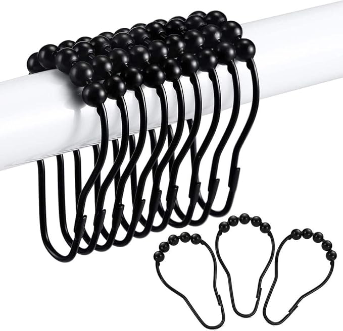 12-60pcs Rust Resistant Stainless Steel Rolling Shower Curtain Hooks/Rings/Hangers - Gold Shower Rod Hooks, Easy Sliding Shower Curtain Holders, Black Shower Curtain Rings (12, Black)
