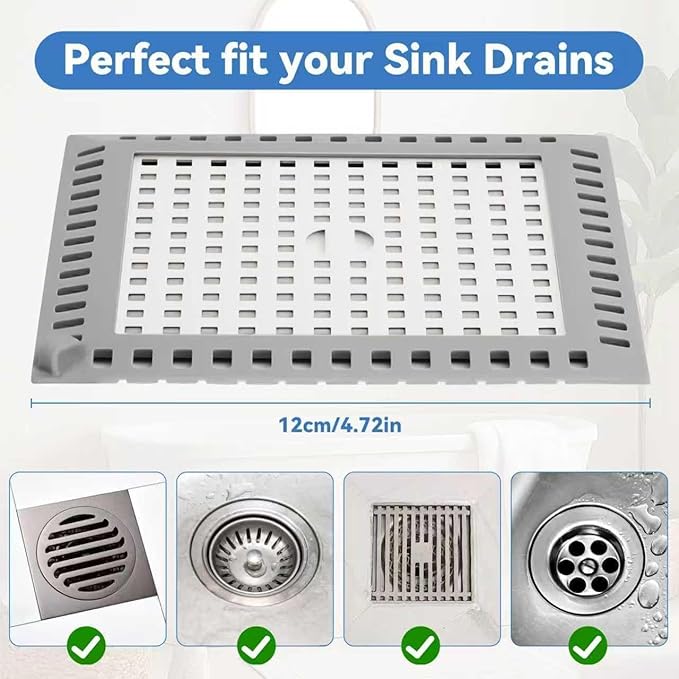 Shower Drain Hair Catcher, 4.72" Shower Drain Cover, All-in-One Universal Sink & Shower Drain Strainer, Easy Installation, Stainless Steel and Silicone Bathroom Accessories for Tub, Bathtub (Square)