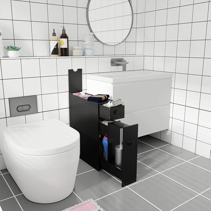 Tangkula Slim Bathroom Cabinet, Free-Standing Storage Cabinet with Slide Out Drawers, Narrow Floor Home Organizer Next to Toilet, Bathroom Toilet Paper Holder, 19 x 6.5 x 23 Inch (Black)