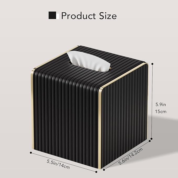 Tissue Box Cover,Black Square Luxury PU Leather Tissue Holder with Gold-Tone Edging Accents,Tissue Box Cover for Bathroom Toilet Bedroom Living Room Table Desk Office,Coffee Table Decor