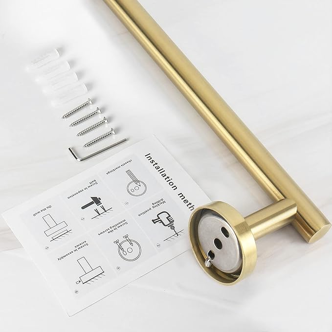NearMoon Bath Towel Bar, Thicken Stainless Steel Shower Towel Rack Holder Wall Mounted for Bathroom, 26-lnch Overall Length-24-lnch Usable Hanging Space (1 Pack, Brushed Gold)