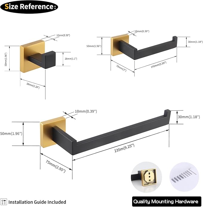 GERZWY Bathroom Hardware Accessories Sets Stainless Steel 3-Pieces - Robe Hook Toilet Paper Holder Towel Ring (Black & Gold) FG16567-3BD