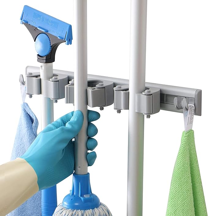 DrDirt Broom Holder Wall Mount – Heavy Duty Aluminum Mop and Broom Organizer with 3 Slots & 4 Hooks, Strong Wall Mounted Storage for Kitchen, Bathroom, Laundry Room, Garage, Closet