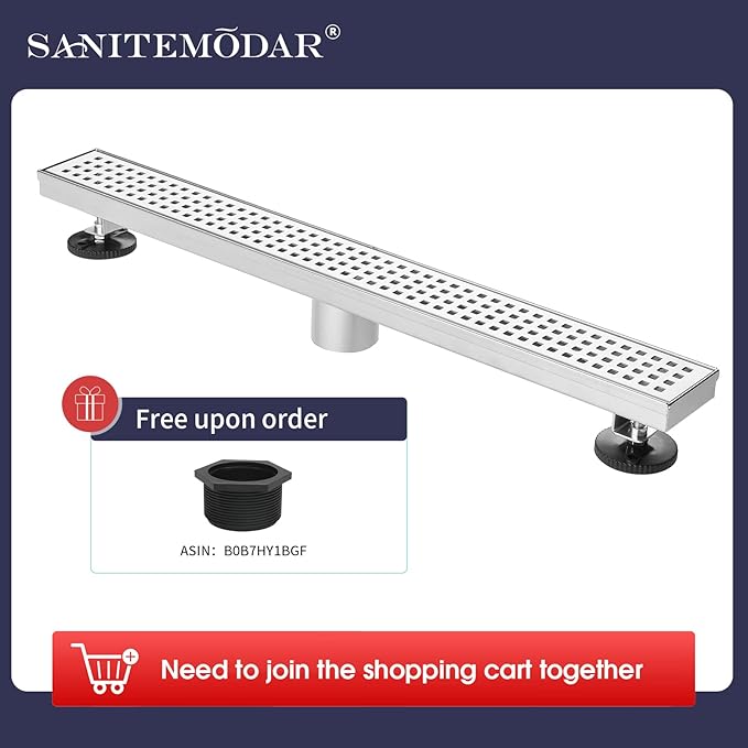 SaniteModar Linear Shower Drain, 72 inch Shower Drain with Removable Square Hole Panel by Using Brushed 304 Stainless Steel Process, Linear Drain Equipped with Adjustable Feet and Hair Strainer