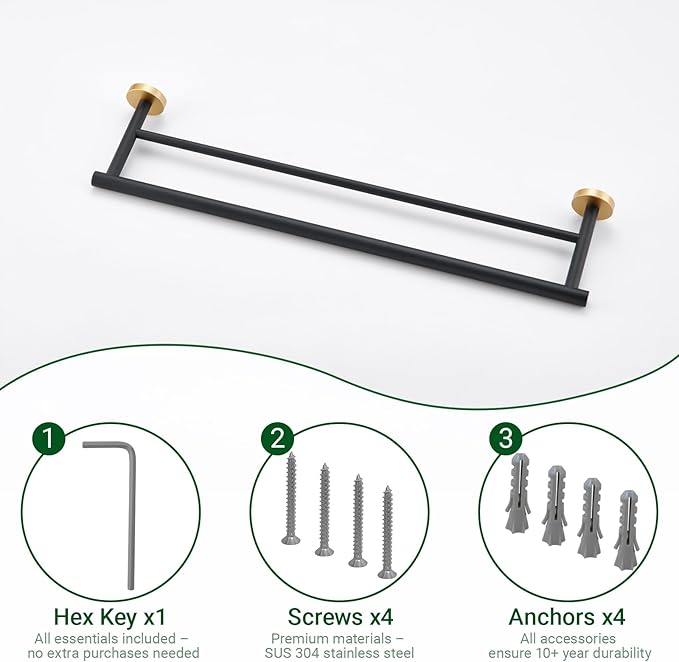 Miyili Double Bath Towel Bar 24-Inch Hand Towel Rack for Bathroom SUS 304 Stainless Steel Wall Mount Black & Gold, A01BG60B