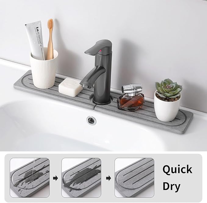 Faucet Mat 19.6 X 3.9 inch Kitchen Bathrooms Sink Faucet Mat Grey Absorbent Stone Diatomite Sink Draining Drying Tray