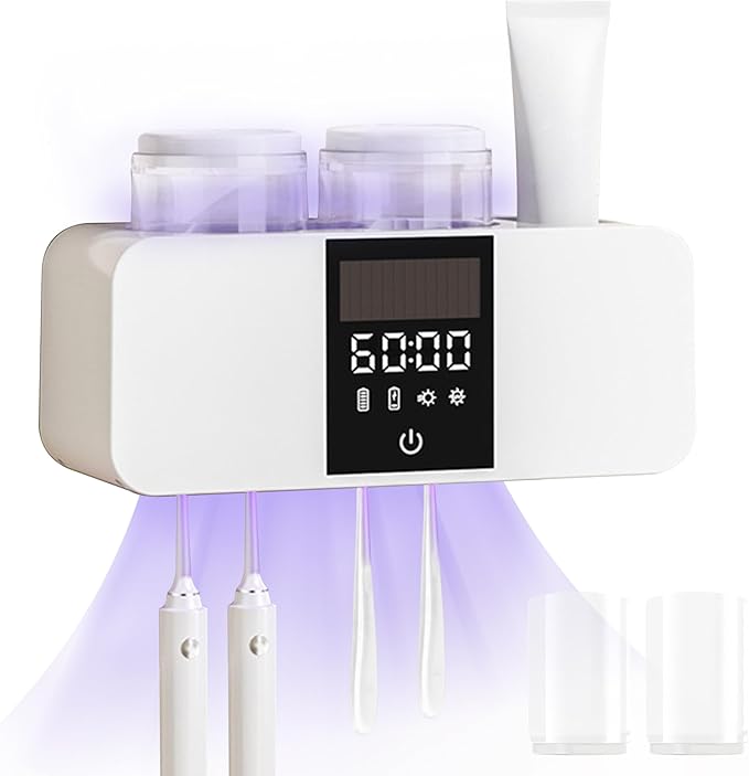 Toothbrush Cleaner & Toothbrush Holders Wall Mounted Cleaning and Air Drying LED Smart Screen and Timer Function Rechargeable Cordless Tooth Brushing Holder for Bathrooms(White)