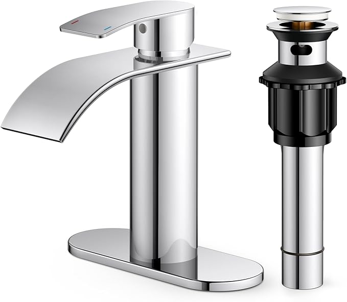 FORIOUS Waterfall Bathroom Faucet One Hole, Chrome Single Handle Bathroom Faucet for 1 or 3 Hole Sink with Metal Pop up Drain, Deck Plate, cUPC Hoses for Vanity, Rv Sink