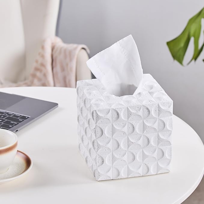 White Mosaic Tissue Box Cover Square for Home Decor, Relief Sculptured Geometric Cube Resin Heavy Tissue Box Holder for Bathroom Countertop, Tabletop, Night Stand, Office Desk