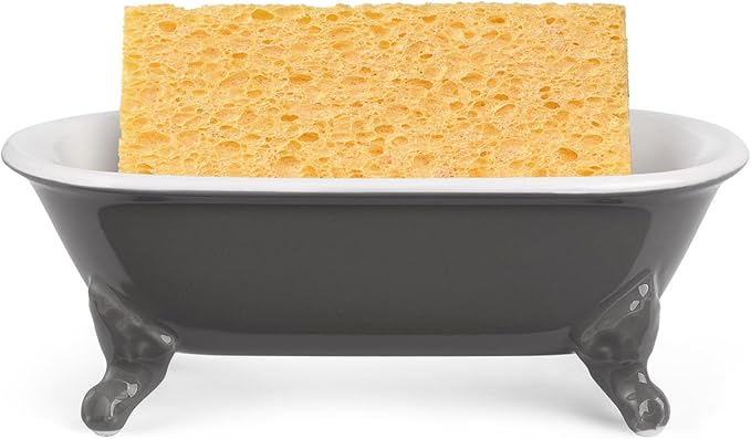 6.5" Ceramic Mini Decorative Clawfoot Bathtub Bar Soap Dish, Kitchen Sponge Holder and Shower Tray for Bathroom, 1 Pack(Stone Gray)