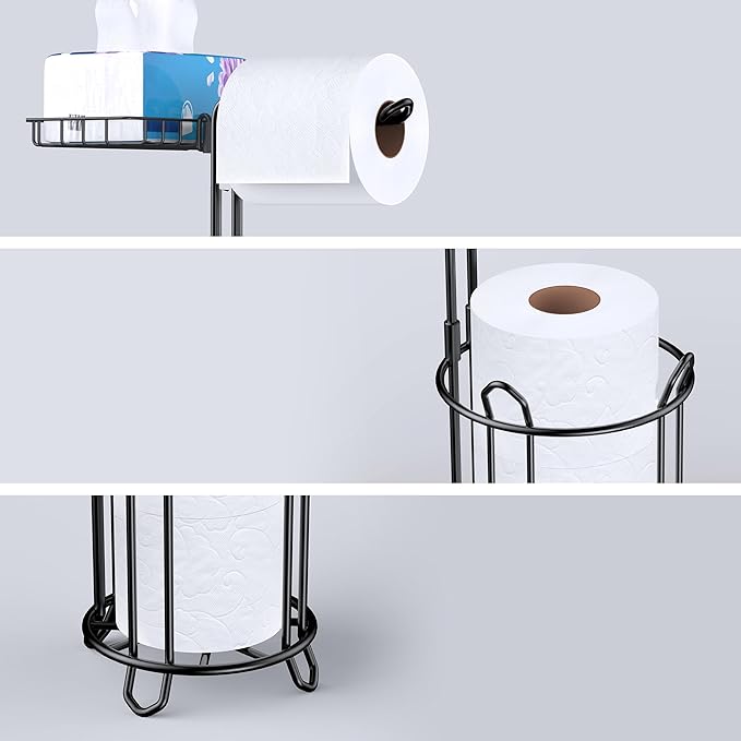 Meangood Toilet Paper Holder Stand with Shelf, Dispenser for 4 Mega Rolls, Bathroom Free Standing Tissue Roll Storage Holder Rack, Metal Wire Black