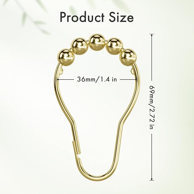 Amazer Shower Curtain Rings, Rust-Resistant Metal Shower Hooks Ring Shower Rings for Curtain Rolling Shower Curtain Hooks for Bathroom Shower Rod Shower Curtain Hangers, Set of 12, Gold