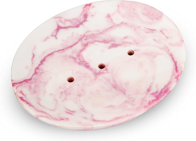 Ajuny Marble Resin Soap Dish Self Draining Oval Bar Soap Holder White & Pink Countertop Tray Soap Saver for Bathroom Shower Kitchen Sink & Bathtub Easy to Clean