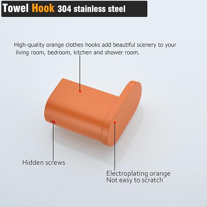 RANDOM Orange Towel Hooks for Bathrooms Round Shower Hooks SUS304 Stainless Steel Wall Mount Coat Hooks.RD-96026-8HOR