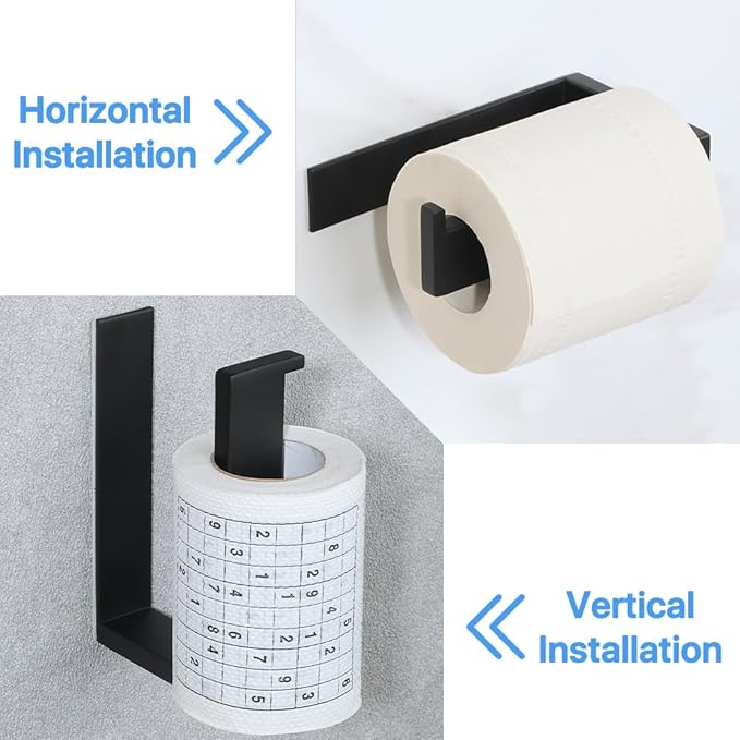 SAYAYO Self Adhesive Toilet Paper Holder Wall Mount, Modern Matte Black Stick on Toilet Paper Roll Holder for Bathroom Square, SUS304 Stainless Steel Turn Left Direction