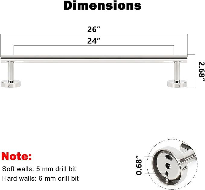 NearMoon Bath Towel Bar, Thicken Stainless Steel Shower Towel Rack Holder Wall Mounted for Bathroom, 26-lnch Overall Length-24-lnch Usable Hanging Space (1 Pack, Chrome Finish)