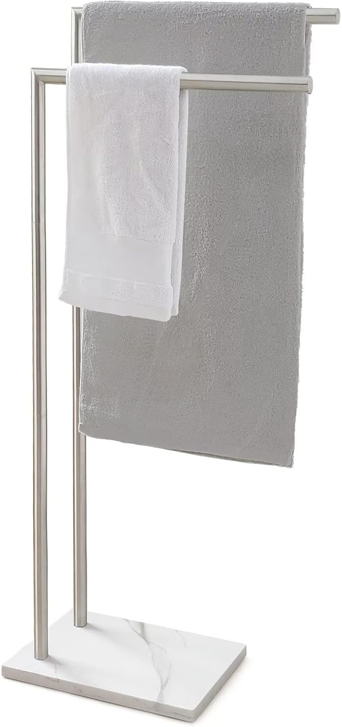 41 Inch Standing Towel Rack Double L Shape Bath Towel Sheet Holder with Marble Base for Bathroom Floor Next to Tub or Shower Towel Stand for Bathroom Floor Stainless Steel Brushed Nickel