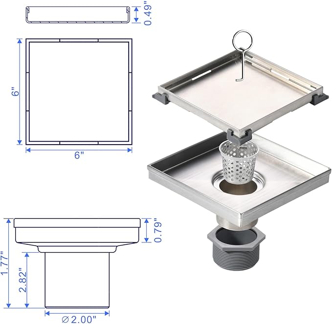 Square Shower Drain with Removable Tile Insert Grate, 6-Inch, Brushed 304 Stainless Steel, Includes Hair Strainer CUPC Certified,MUYEDRAIN