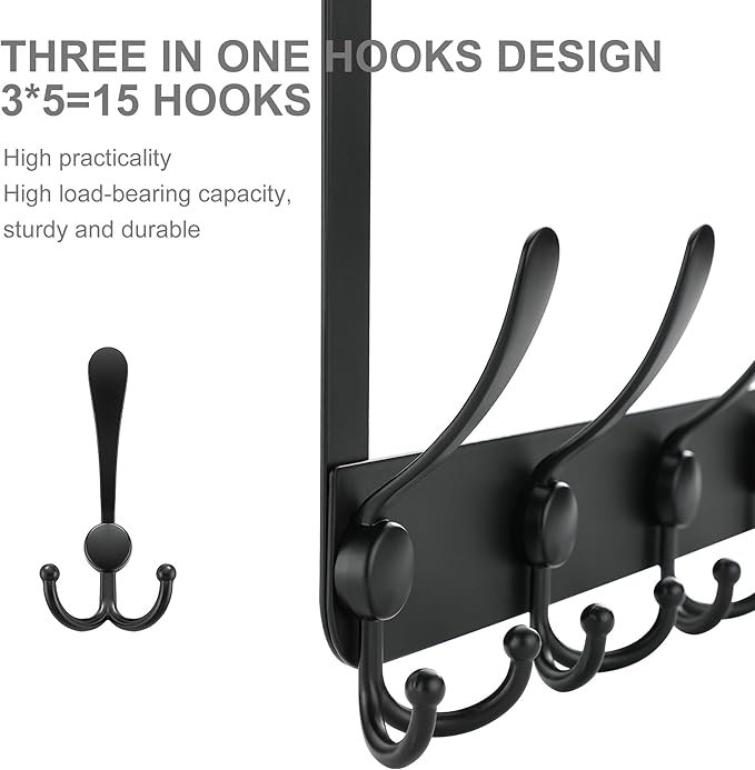 Over The Door Hooks, Door Hanger for Hanging, Towel Racks for Bathroom with 15 Coat Hooks, Coat Rack Hat Rack Organizer, Towel Holder Bathroom Accessories
