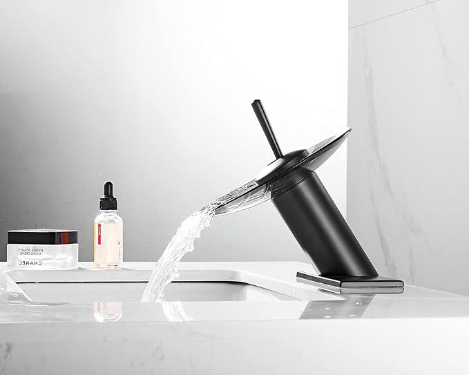 Bathroom Faucet Black Glass Spout Waterfall Single Handle One Hole Bath Sink Faucet Vanity Lavatory Basin Mixer Tap with Cover Plate Deck Mount Commercial