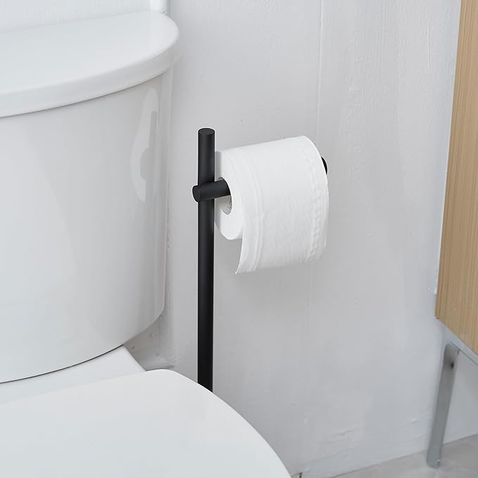 BWE Black Toilet Paper Holder Free Standing Toilet Paper Holder for Bathroom Toilet Paper Storage Holder Stand with Non-Slip Stable Base Modern Stainless Steel Toilet Tissue