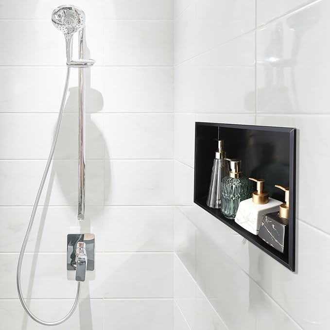 Geelin Shower Niche 15.7 x 11.8 x 3.5 Black Insert Storage Shower Shelf Recessed Wall Niche No Tile Needed Stainless Steel Bathroom Storage for Bathroom Shampoo Soap Shelf Easy Install
