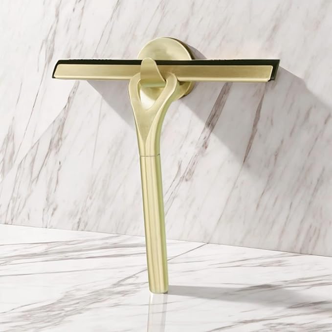 Shower Squeegee for Glass Doors, Stainless Steel and Silicone Shower Squeegee with Hook for Bathroom Mirrors and Window (Gold)