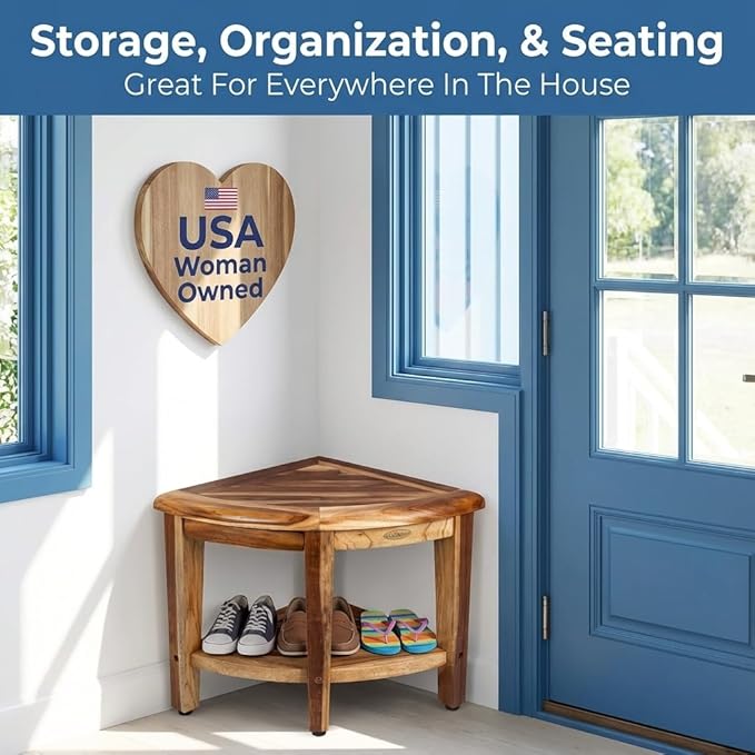EcoDecors Corner Teak Shower Bench with Shelf – 16” x 18" Height- Teak Shower Stool with Shelf, Waterproof, 350lb Capacity Non-Slip | for Inside Shower | Tool-Free Assembly | Aging in Place