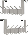 Brushed Nickel Over The Door Hooks, Heavy Duty Stainless Steel Door Hanger with 6 Double Hooks for Hanging Towels, Coats, Robes, Hats, Bags, No Drill Over Door Towel Rack for Bathroom, Bedroom, 2 Pack