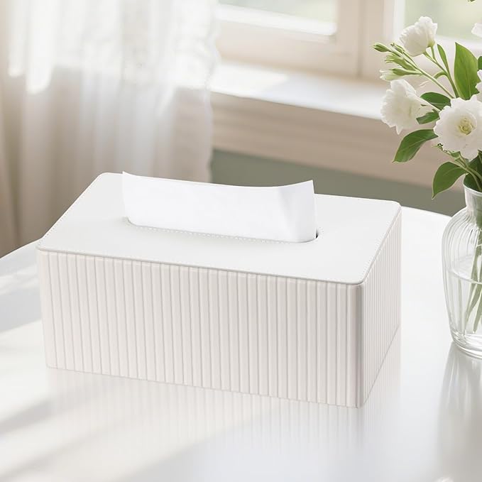 KINGFOM PU Leather Tissue Box Cover Rectangular Tissue Box Holder with Magnetic Bottom, Napkin & Facial Tissue Holder Dispenser for Home, Office (Decorative Pattern-PU Leather, Off-White Stripe)