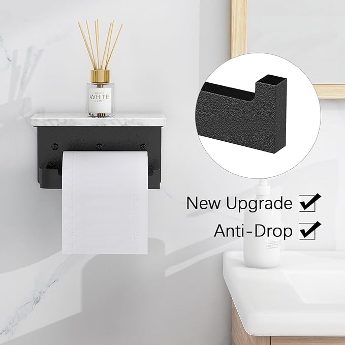 Toilet Paper Holder with Shelf, Extended Base Wall Mounted, Marble Toilet Roll Holder Black for Bathroom Washroom
