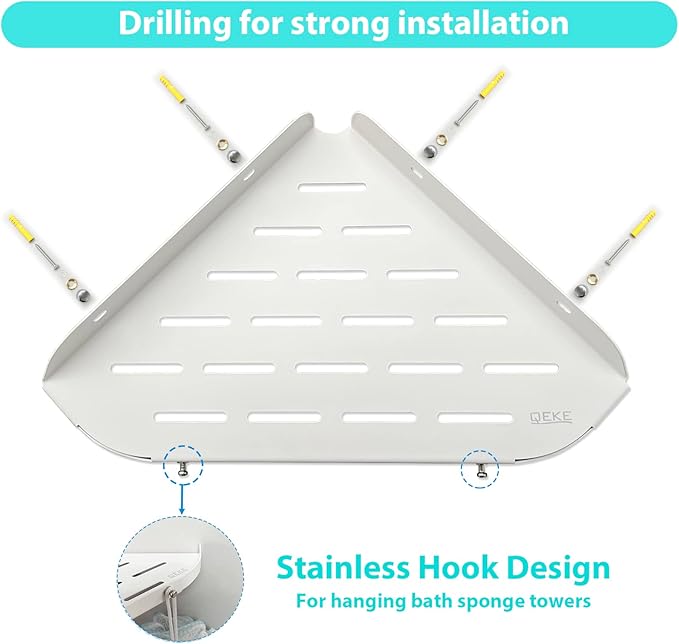 Corner Shower Shelf, 9" Corner Shower Caddy, SUS304 Stainless Steel Shower Organizer Wall Mount Corner Shelf with 2 Hooks for Bathroom, Dorm and Kitchen, Matte White (2 Pack)