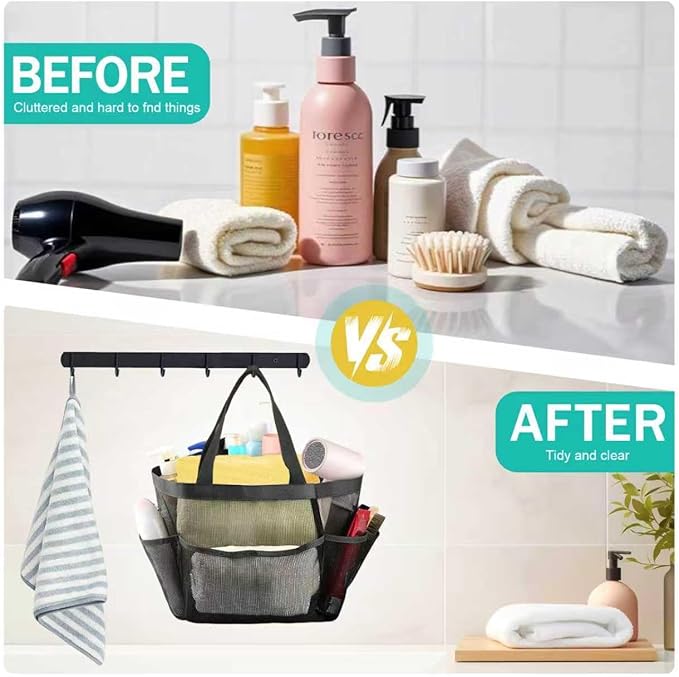 Mesh Shower Caddy Portable for College Dorm Room Essentials organizer, 8-Pocket Large Capacity, Quick Dry Shower hanging Caddy Dorm Basket for Bathroom Beach, Toiletry,Swimming, Gym,Camping (Black)