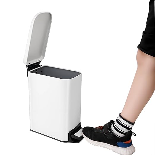 Slim Bathroom Trash Can with Soft Close Lid, Step Pedal, Removable Inner Bucket, Small Trash Can,6 Liter / 1.6 Gallon, Fingerprint-Resistant Small Garbage Bin for Bedroom, Office, Kitchen (White)